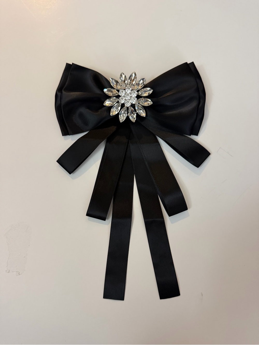 Black Satin Bow Brooch with Crystal Center